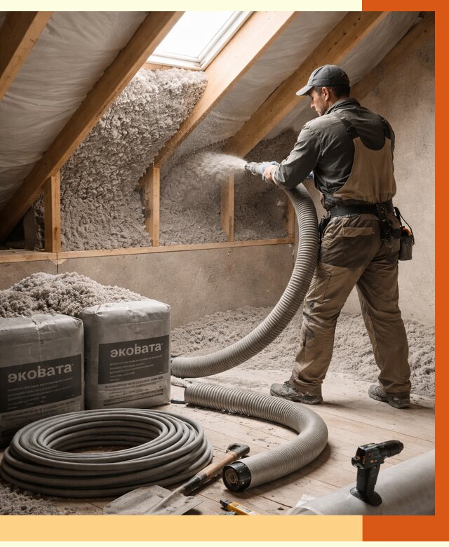 Утепление мансарды эковатой в Канске от 2404 руб/м2 — монтаж, задувка, цена | ТепломастерКнс