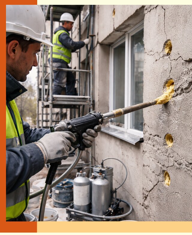 Заполнение пустот в фасаде и утепление стен в Канске