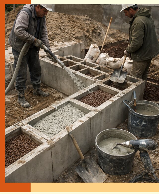 Заполнение полостей фундамента в Канске герметичным утеплением и повышением прочности